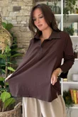 Essential Body Stretch Cotton Collar & Cuff Shirt Chocolate /50 pre order 1 week 